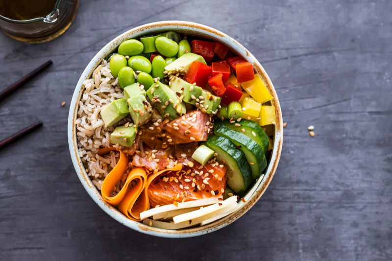 A bowl of prepared poke is recommended as a protein source for breastfeeding moms who are going dairy-free.