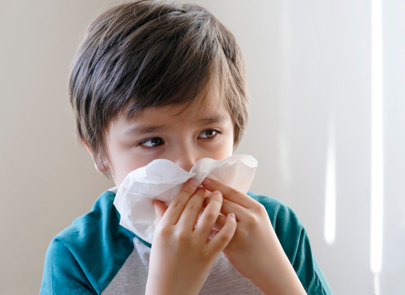 A toddler who is getting sick due to allergies is blowing his nose.