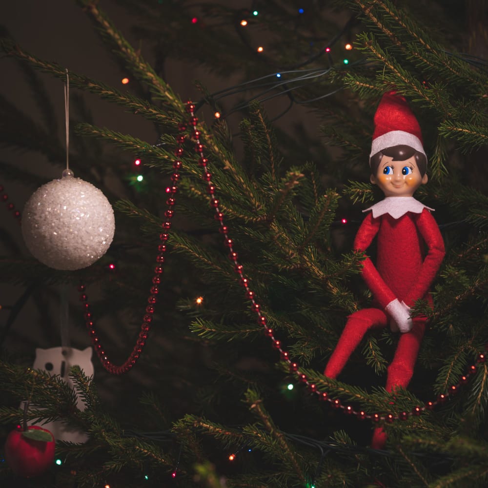 The elf on the shelf toy is sitting on a Christmas tree