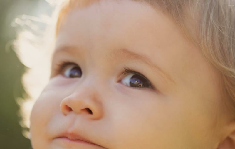 A close-up of an infant boy's face, showing his wide nose.