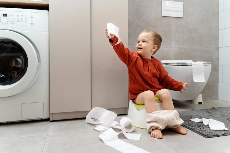 A potty training toddler boy is in the bathroom sitting on the potty and playing with toilet paper