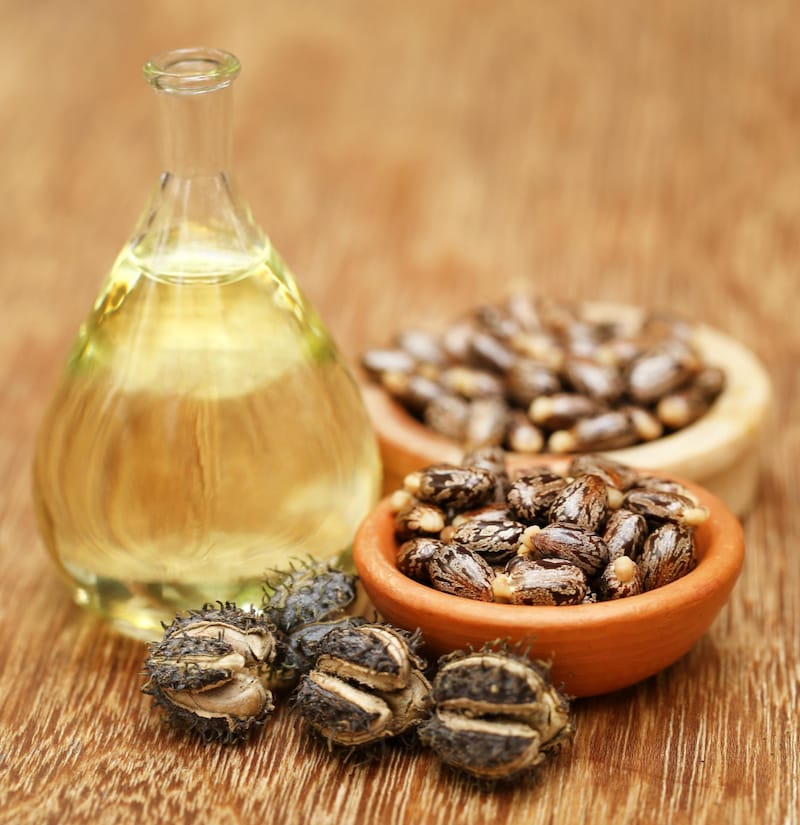 A jar of castor oil with some raw castor beans on the side