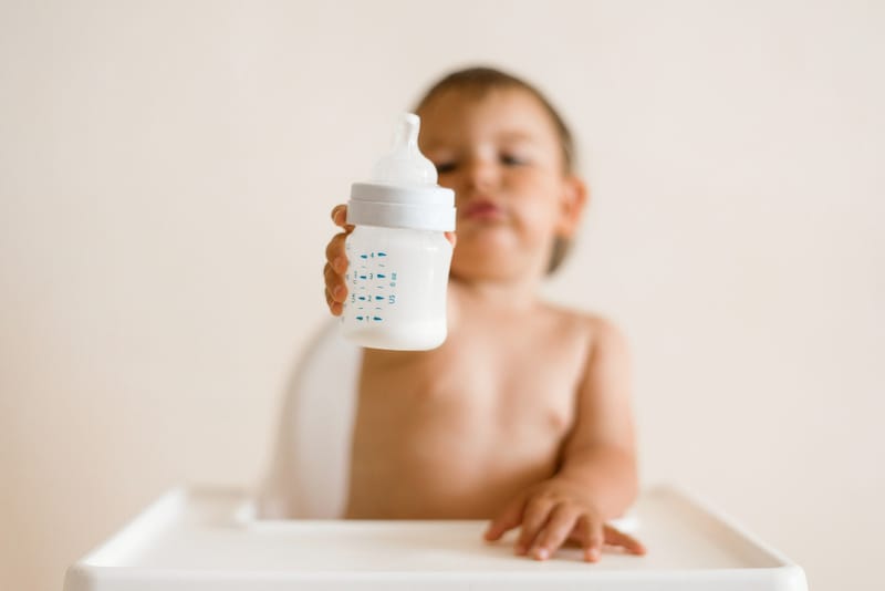 A toddler boy is holding up a bottle with whole milk in it