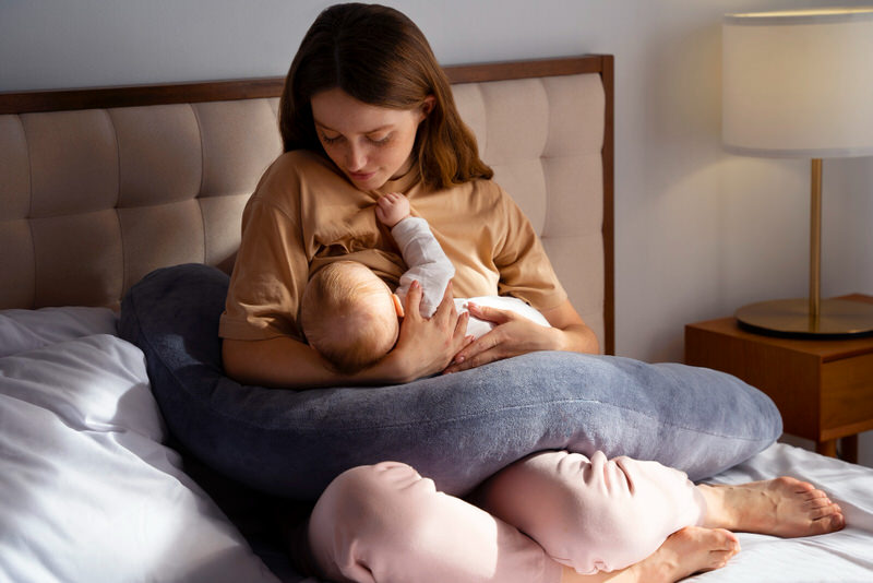 A young mom is breastfeeding her infant baby on the bed