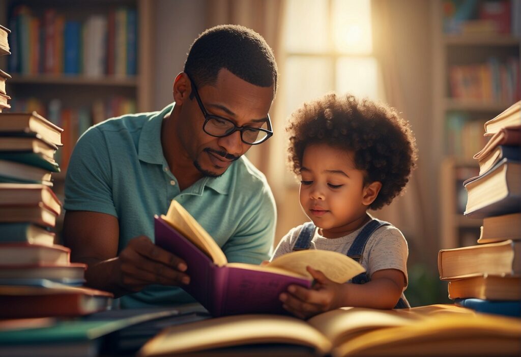 A young dad is showing his toddler daughter a book about MLK Jr.